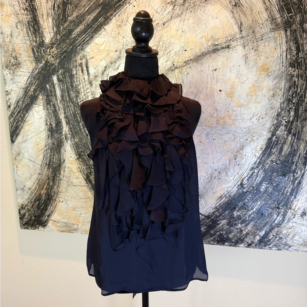 NWT Ralph Lauren Blue Label 100%Silk Midnight Blue Ruffle Blouse